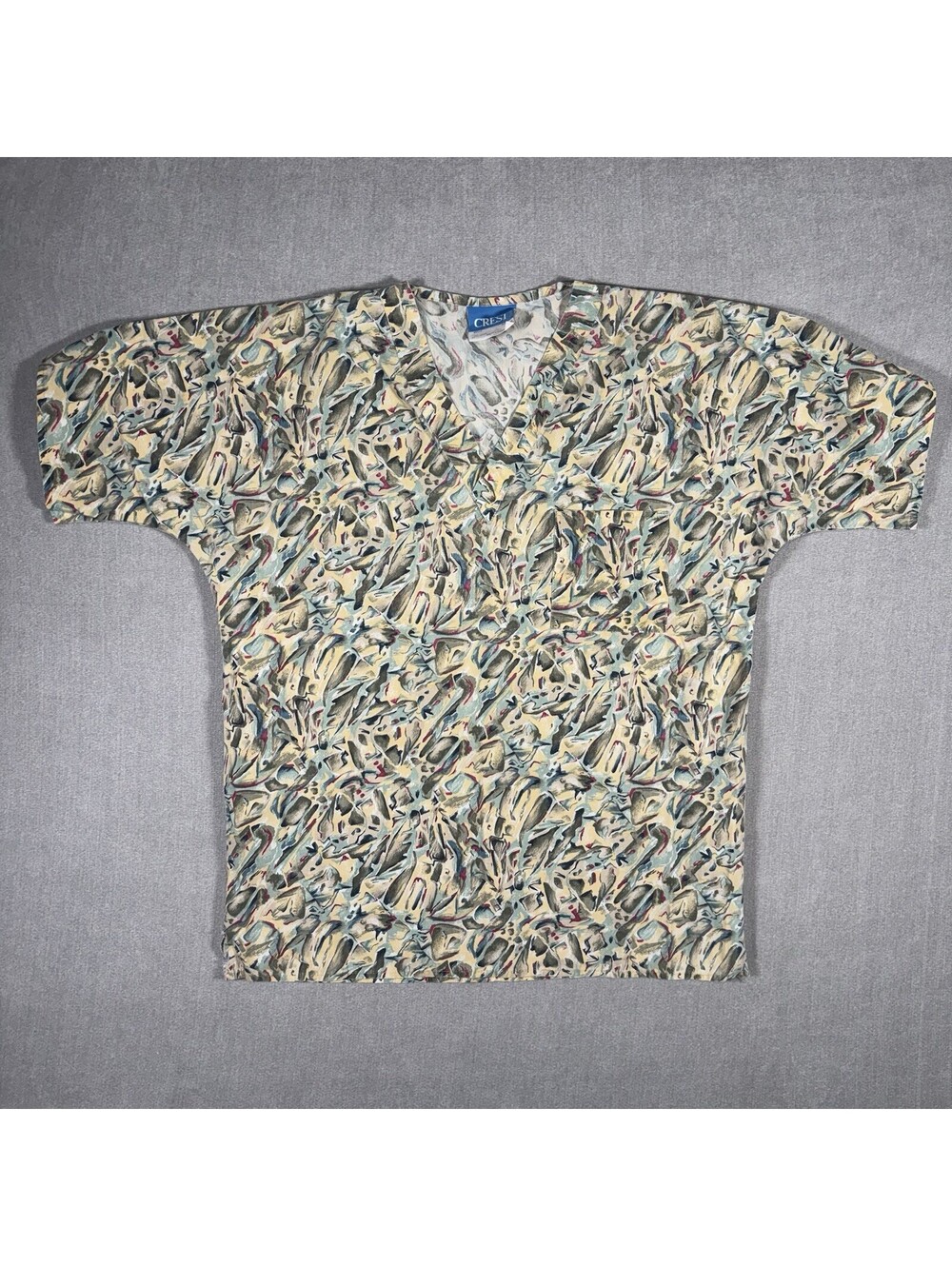 Vintage Crest Women's Nursing Scrub Top Abstract Multicolor V Neck Size Small